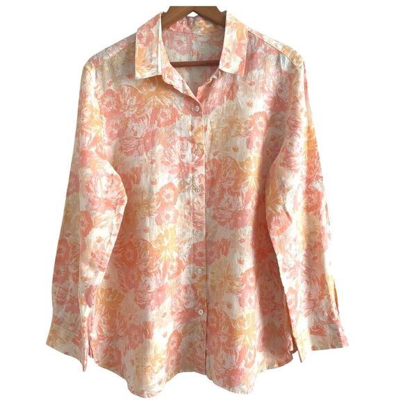 J Jill Pure Linen Floral Button Up Shirt M Coral Yellow Cottagecore Boho Beachy - Picture 1 of 8